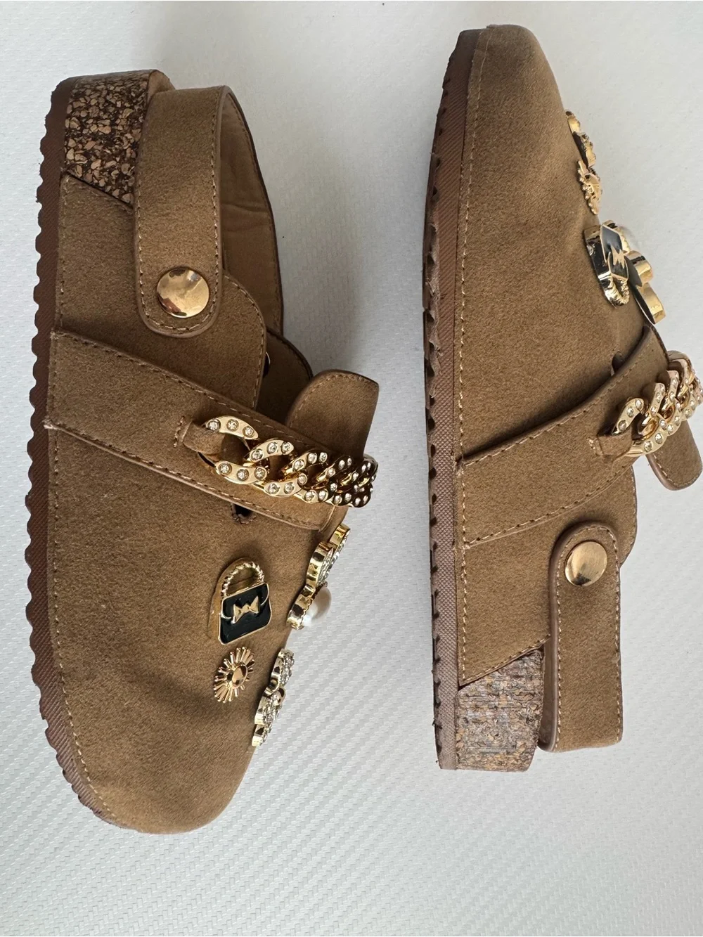 SHEIN Girls Brown Embellished Slip-Ons with Gold Chain & Charms